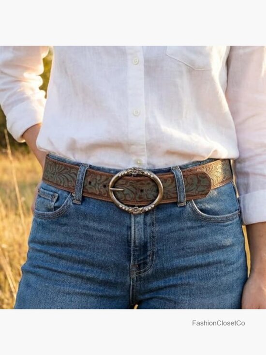 Distressed Embossed Leather Belt with Rhinestone Ring Buckle Western Style main image 5